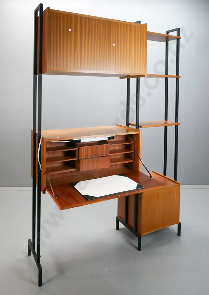 retro mahogany double-sided room divider, mahogany box-section cabinets w/ sliding doors on box-section metal frames, Image 1++