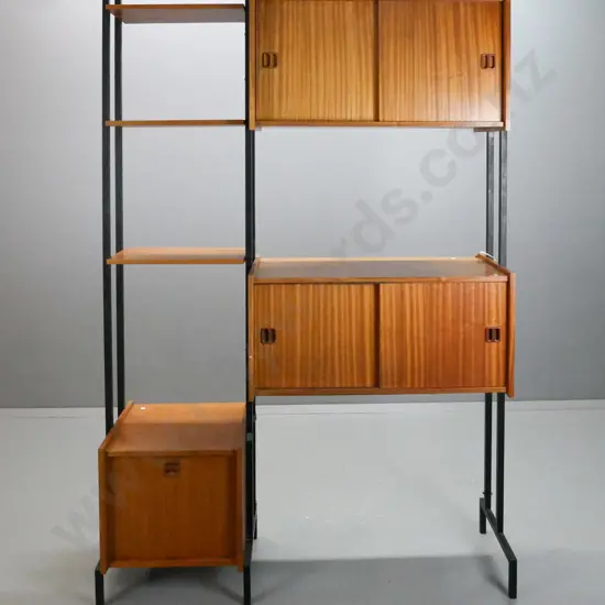 retro mahogany double-sided room divider, mahogany box-section cabinets w/ sliding doors on box-section metal frames,