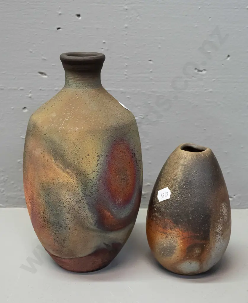 2 New Zealand studio pottery raku glaze vases - unknown maker - bottle vase is H-225 Image 1++