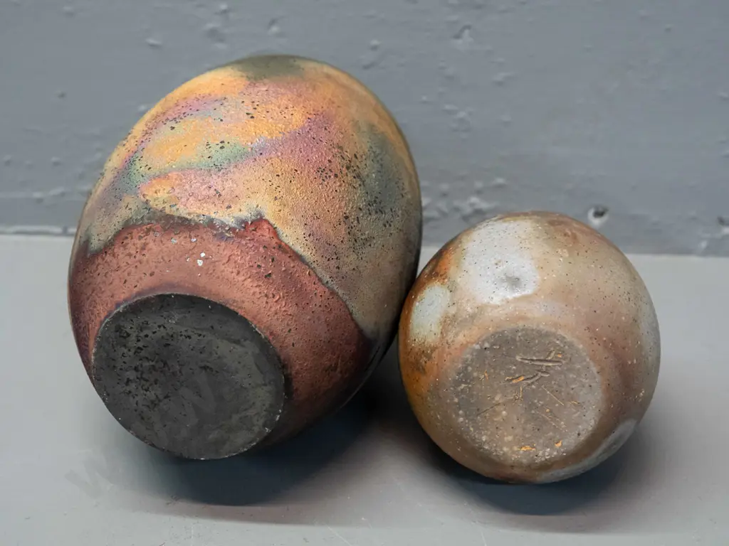 2 New Zealand studio pottery raku glaze vases - unknown maker - bottle vase is H-225 Image 1++