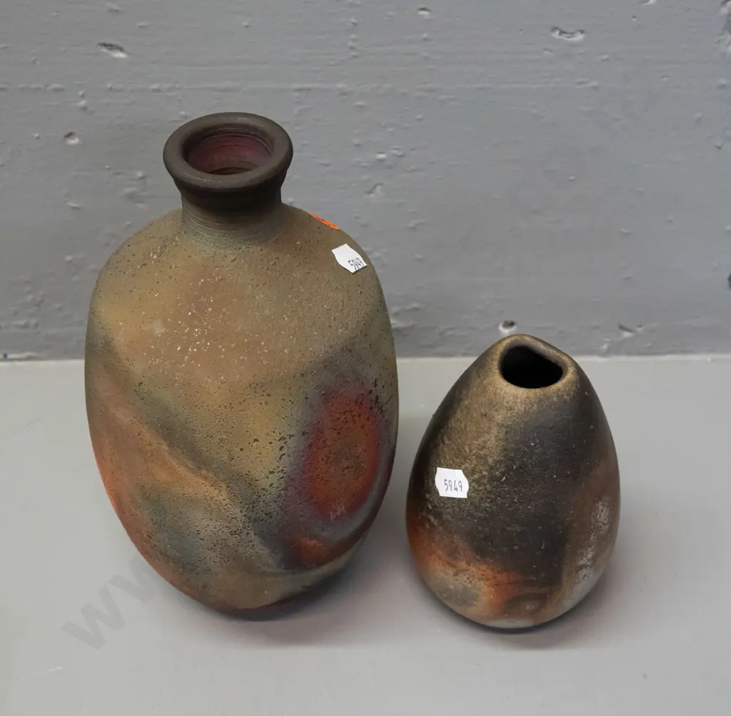 2 New Zealand studio pottery raku glaze vases - unknown maker - bottle vase is H-225 Image 1++