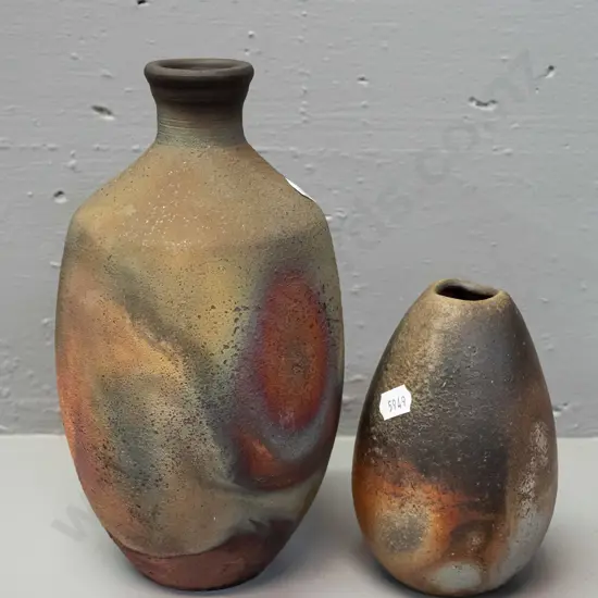 2 New Zealand studio pottery raku glaze vases - unknown maker - bottle vase is H-225
