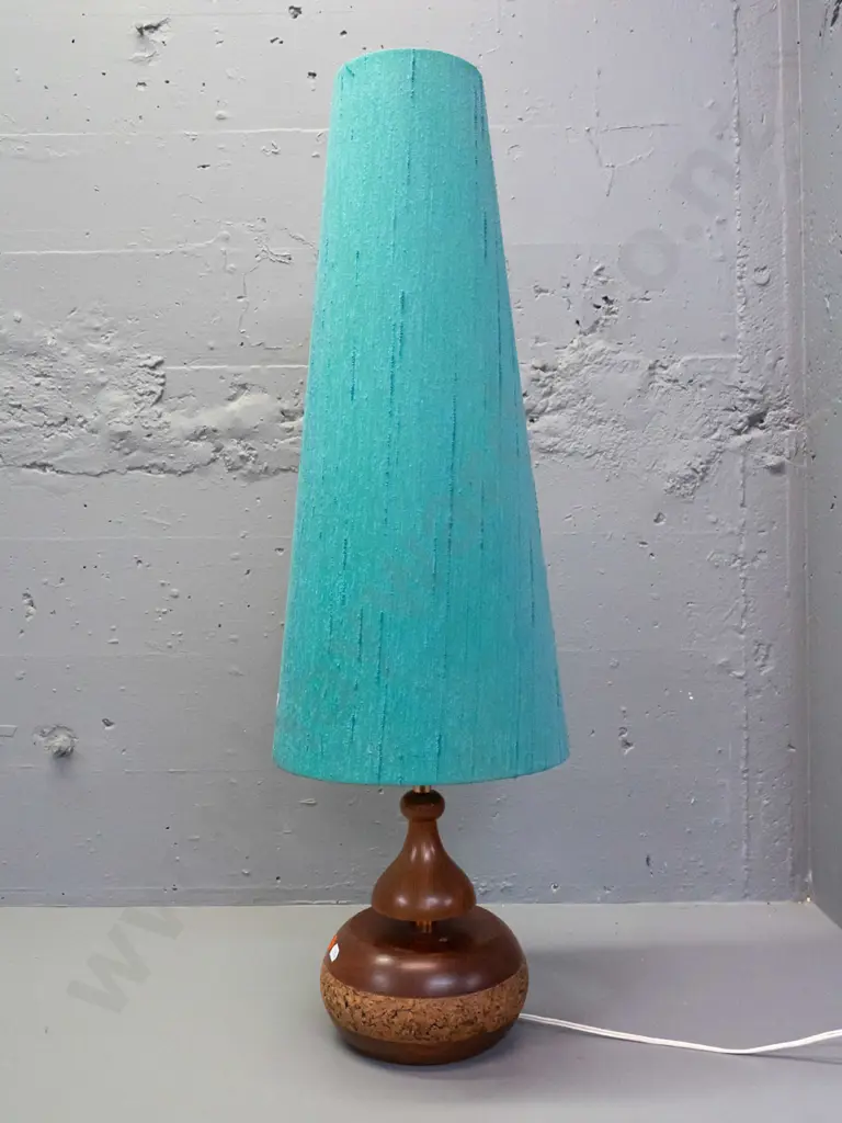 retro table lamp with copper finish column, turned teak base with band of inlaid cork, aqua conical shade H-825 Shade is Image 1++