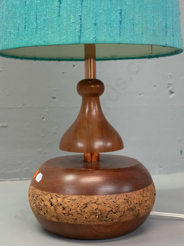 retro table lamp with copper finish column, turned teak base with band of inlaid cork, aqua conical shade H-825 Shade is Image 1++