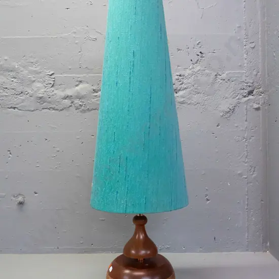 retro table lamp with copper finish column, turned teak base with band of inlaid cork, aqua conical shade H-825 Shade is