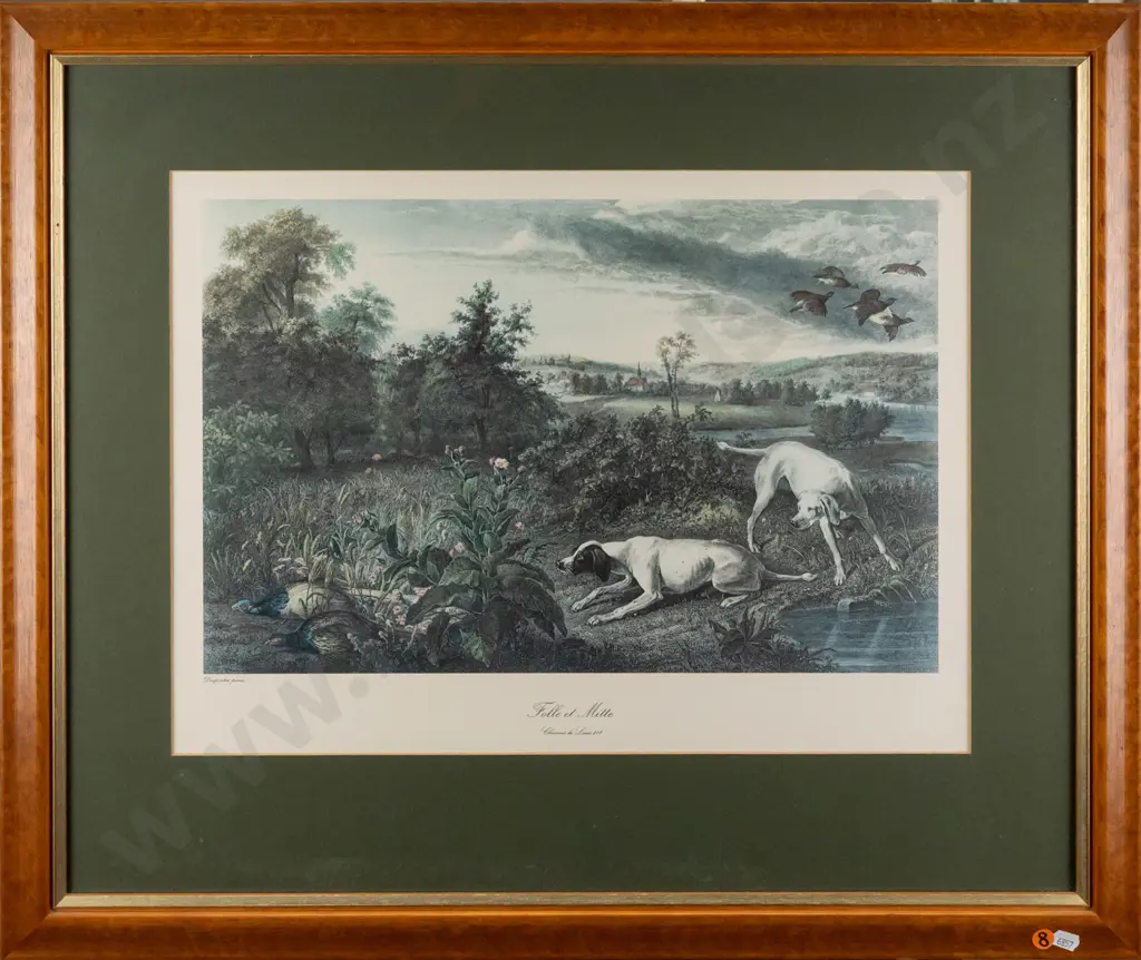 After Alexandre-Francois Desportes -- framed commercial print "Folle et Mitte" H-365 W-495 Image 1++