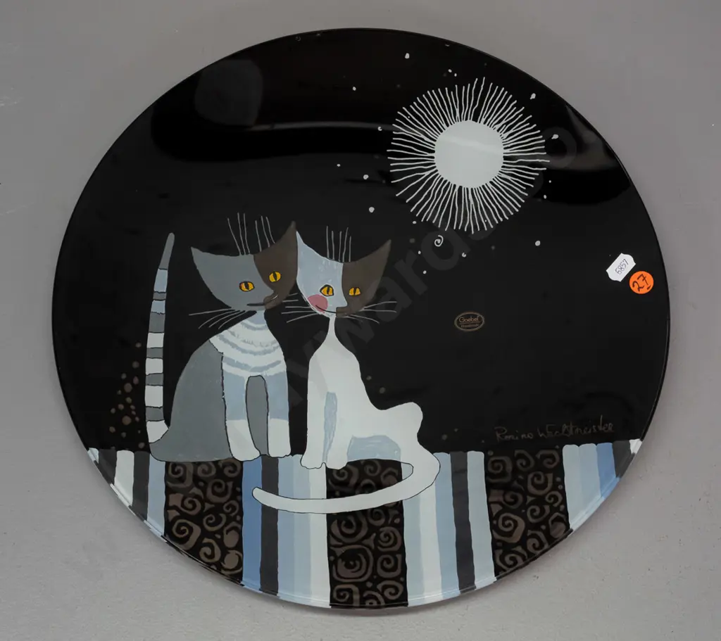 Goebel Rosina Wachtmeister cat design glass display plate with back printed design D-360 Image 1++