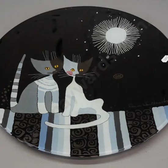 Goebel Rosina Wachtmeister cat design glass display plate with back printed design D-360