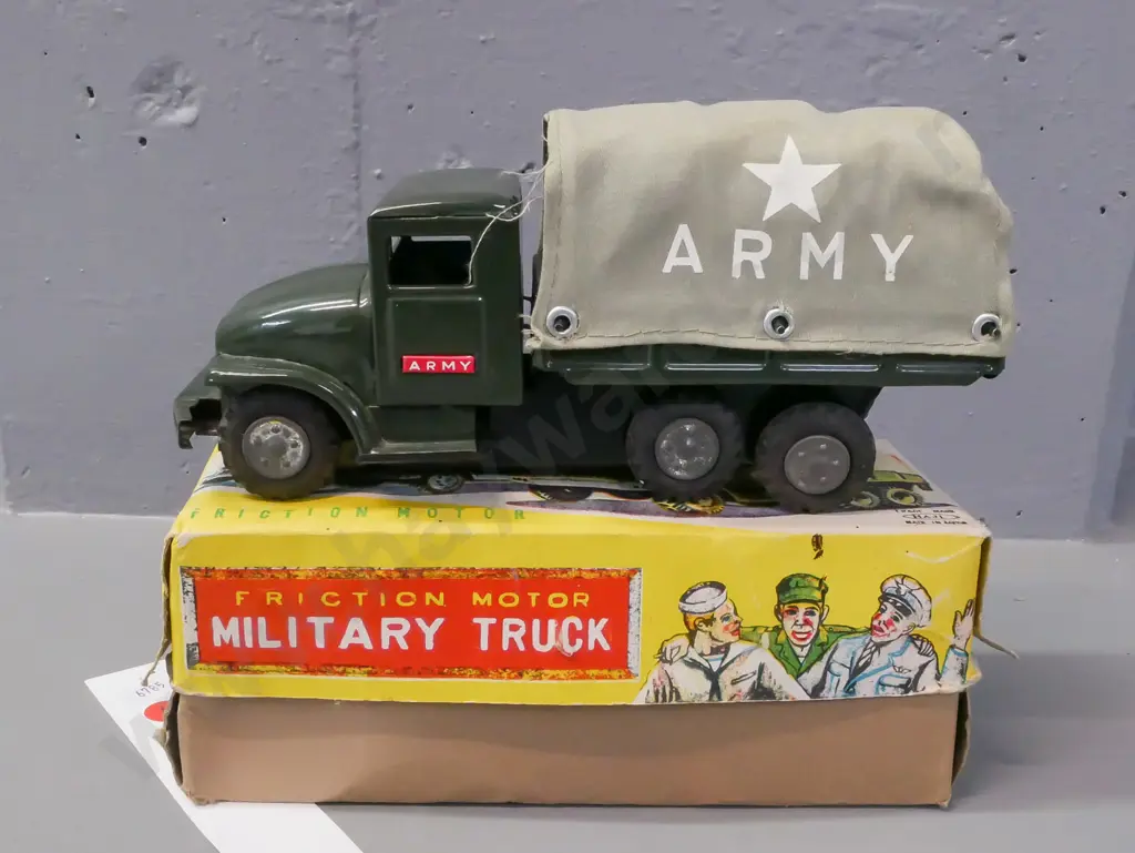 boxed friction motor military truck made in Japan, Haji brand. Truck H-100 L-210 Image 1++