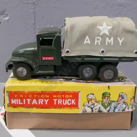 boxed friction motor military truck made in Japan, Haji brand. Truck H-100 L-210