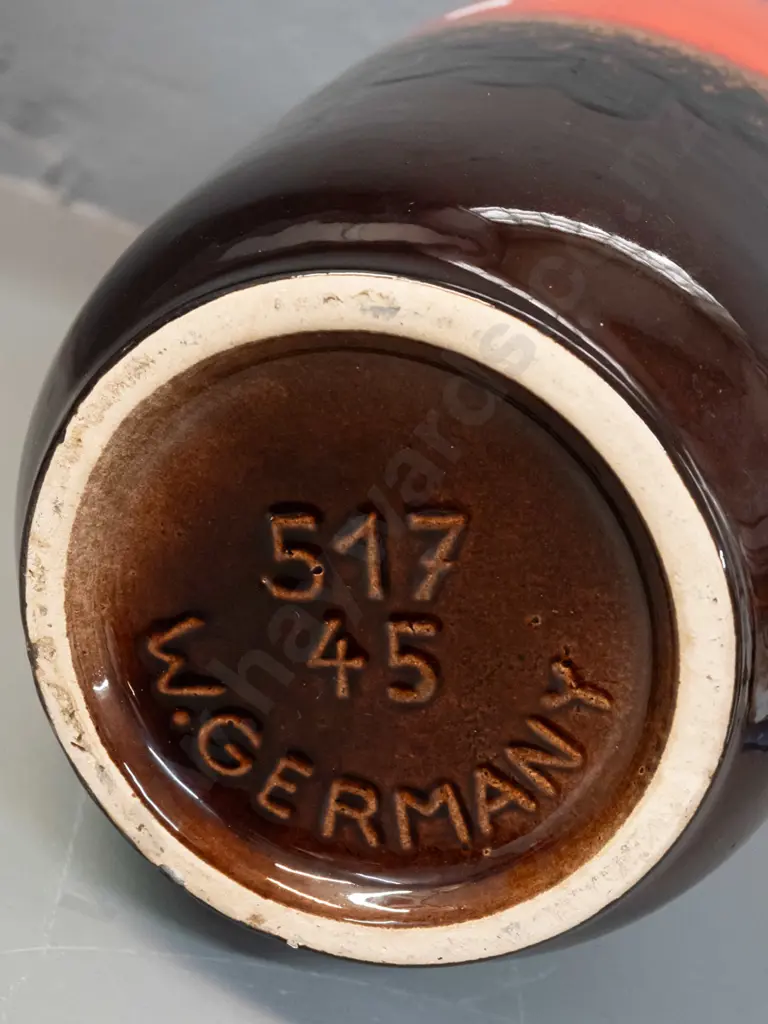 large German pottery vase - brown and orange trickle glaze - a few spots of glaze loss on shoulder area H-450 Image 1++