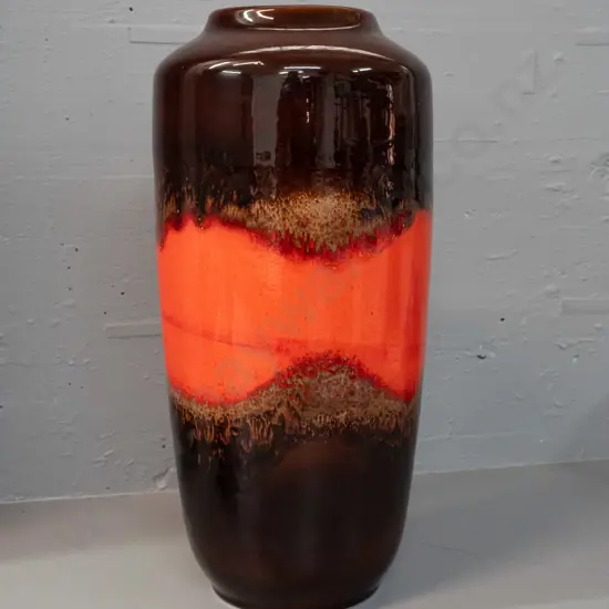 large German pottery vase - brown and orange trickle glaze - a few spots of glaze loss on shoulder area H-450