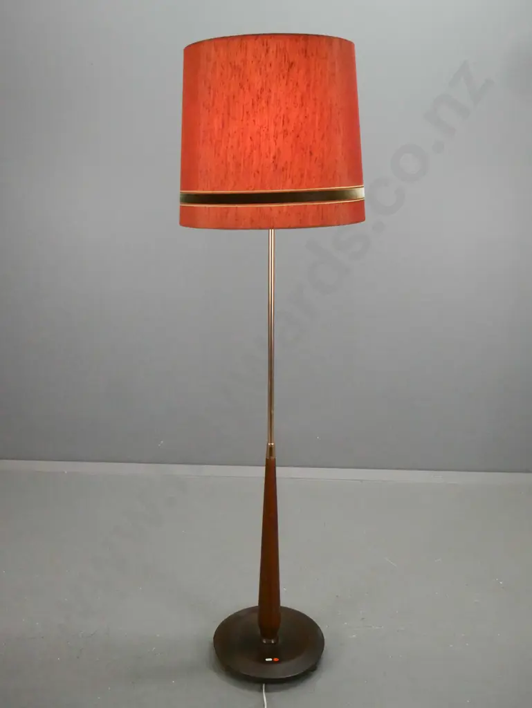 retro mahogany standard lamp with circular dished base, copper plated stem, turned cap, red fabric shade with velvet Image 1++