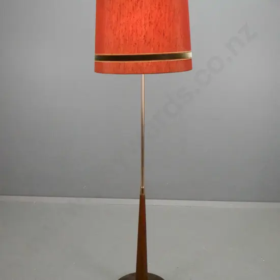 retro mahogany standard lamp with circular dished base, copper plated stem, turned cap, red fabric shade with velvet