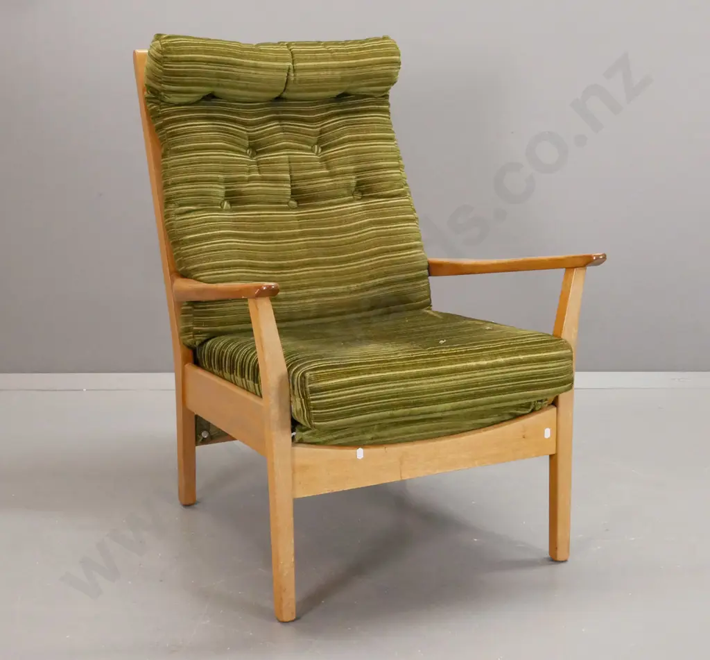 retro Don-style mahogany armchair with removable squab, button back, sprung back and seat - some wear to fabric, minor Image 1++
