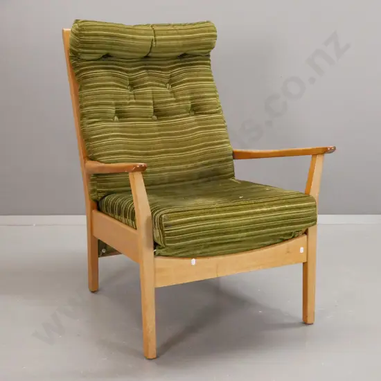 retro Don-style mahogany armchair with removable squab, button back, sprung back and seat - some wear to fabric, minor