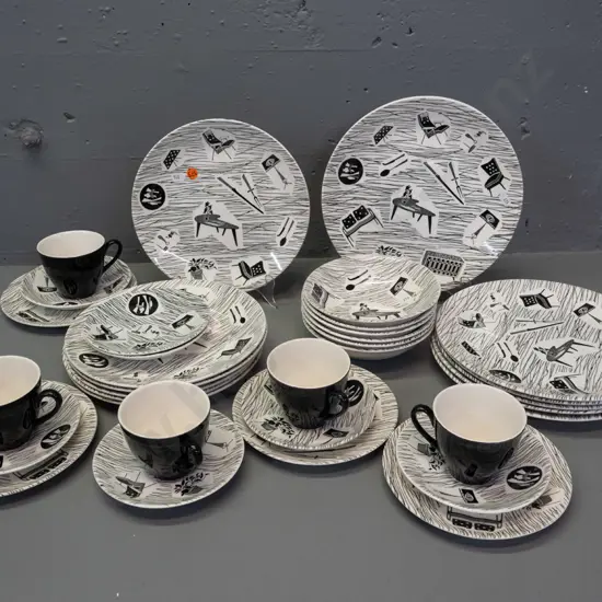 Ridgway Potteries black and white Homemaker pattern tableware - 6-places, missing a cup and 2 side plates - larger plate