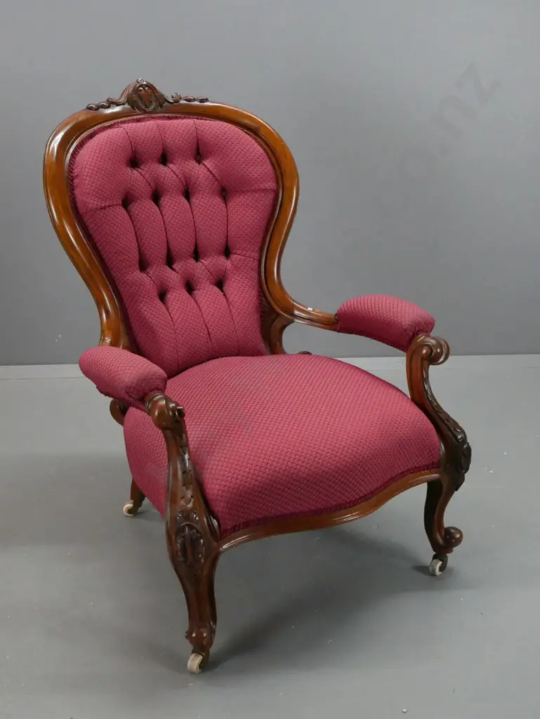 Victorian walnut open-armed armchair with shaped and carved arms, back and top crest, deep-button back, on Image 1++
