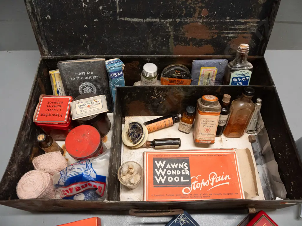vintage first aid kit in fitted tin segmented case, numerous vintage items, part bottles, etc - some corrosion, denting, Image 1++