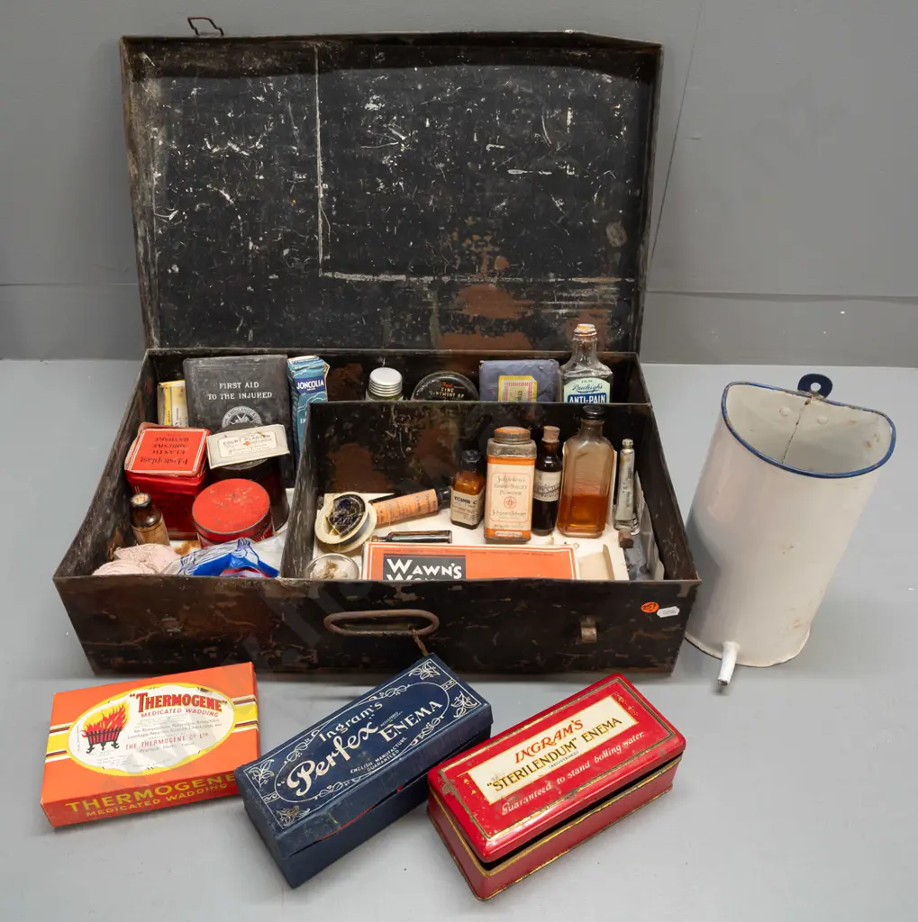 vintage first aid kit in fitted tin segmented case, numerous vintage items, part bottles, etc - some corrosion, denting, Image 1++