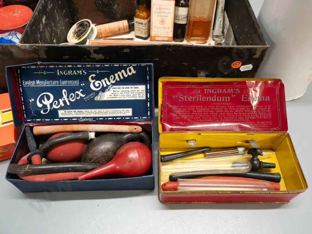 vintage first aid kit in fitted tin segmented case, numerous vintage items, part bottles, etc - some corrosion, denting, Image 1++