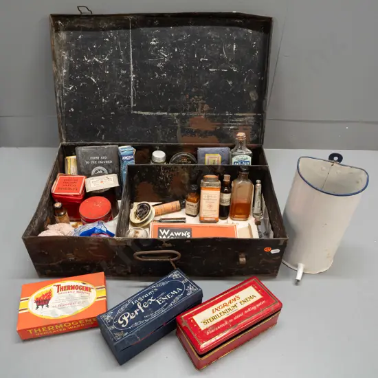 vintage first aid kit in fitted tin segmented case, numerous vintage items, part bottles, etc - some corrosion, denting,