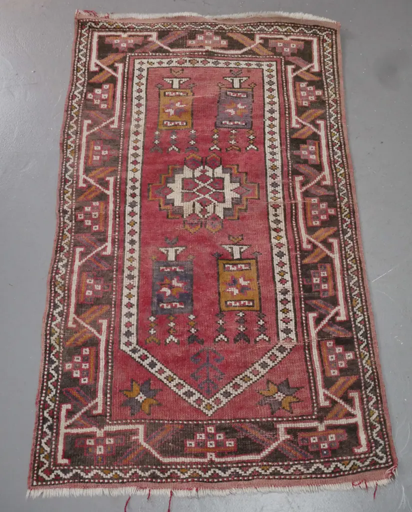 small tribal style hand knotted wool floor rug - red, brown blue and mustard, heavily faded and worn L-1400 W-810 Image 1++