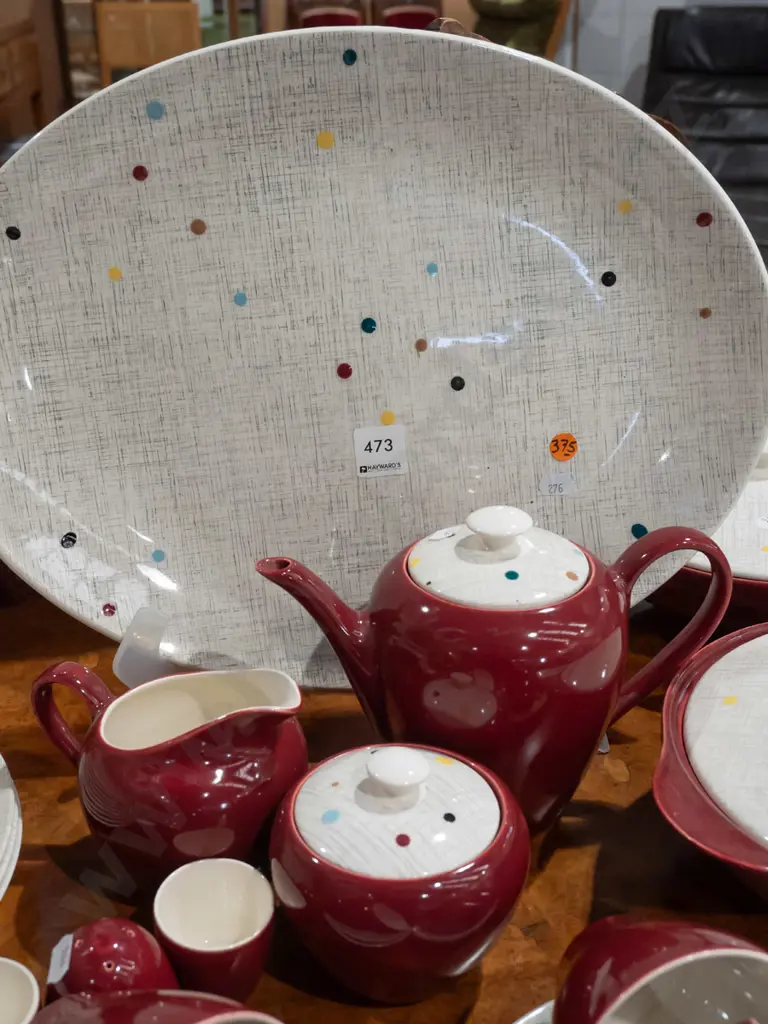 retro Meakin maroon and multi-coloured polka-dot pattern table ware - large oval ashett, 2 lidded vegetable dishes, 4 Image 1++