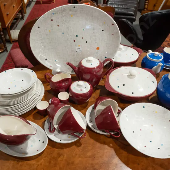 retro Meakin maroon and multi-coloured polka-dot pattern table ware - large oval ashett, 2 lidded vegetable dishes, 4