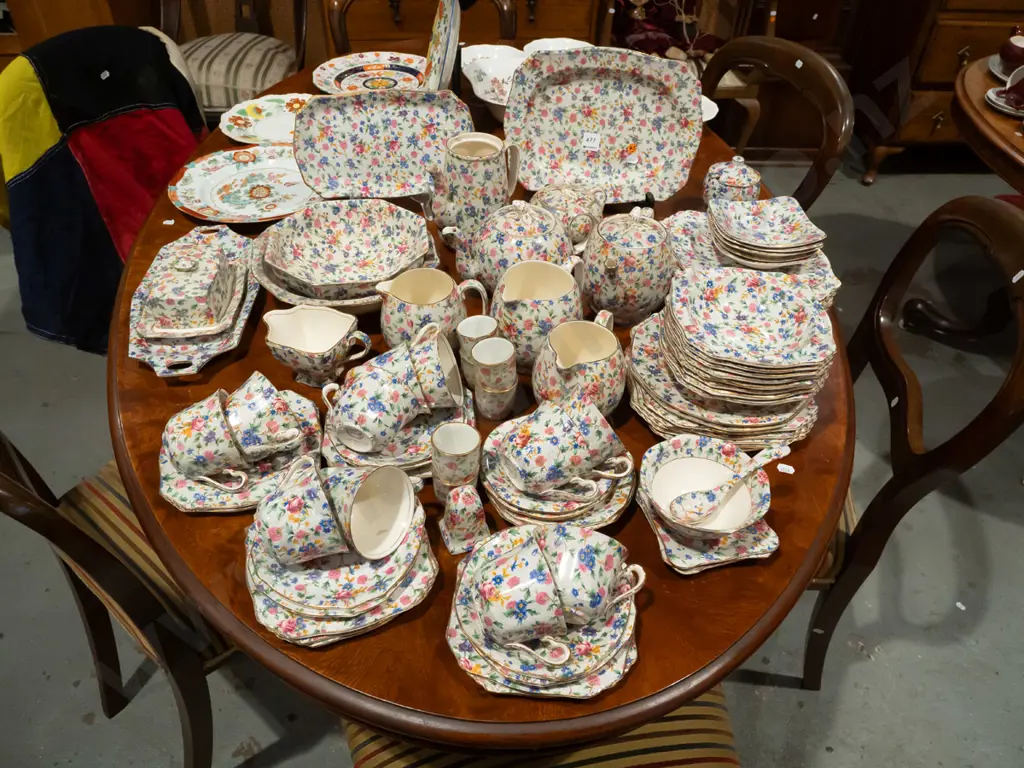 large assortment of Royal Winton "Old Cottage Chintz" all-over-floral table ware - 11 cups, varied jugs, sugar bowls, Image 1++