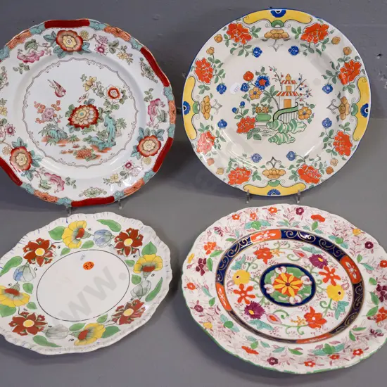 4 vintage Masons plates - some wear, one w/ some staining and scratches, one w/ some loss to green