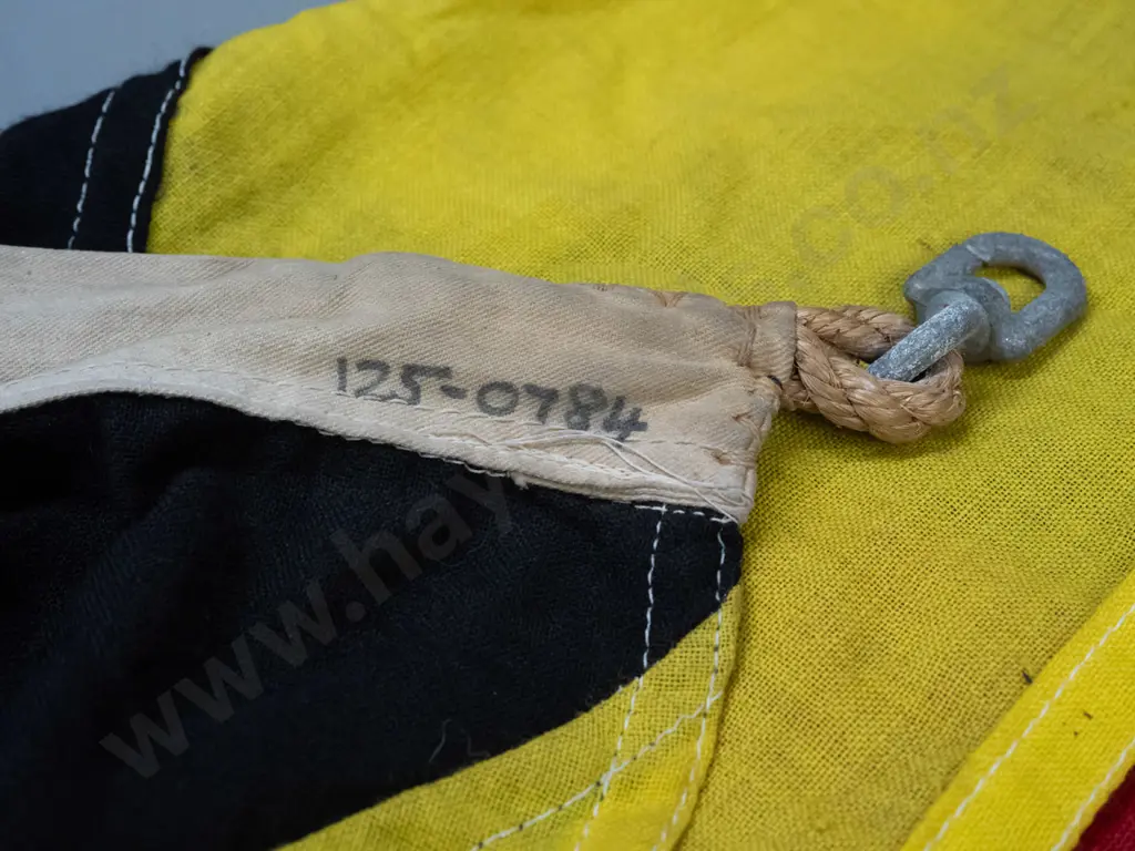 maritime letter 'Z' signal flag with rope and brass and cast alloy attachments - some age wear & staining H-570 W-780 Image 1++