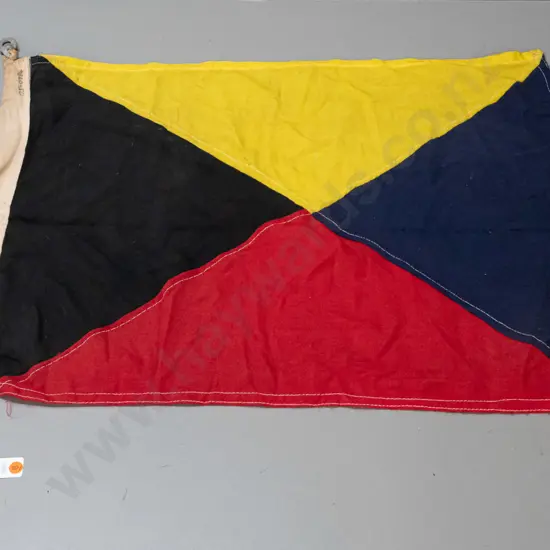 maritime letter 'Z' signal flag with rope and brass and cast alloy attachments - some age wear & staining H-570 W-780