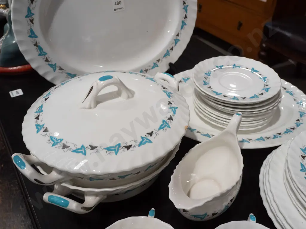 retro Royal Crown Derby "Claremont" pattern teal, silver and white table ware - 2 oval ashetts, 2 vegetable dishes (one Image 1++