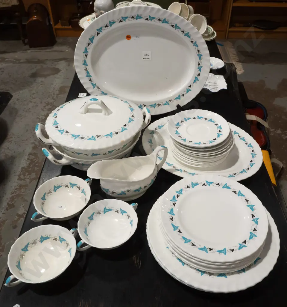 retro Royal Crown Derby "Claremont" pattern teal, silver and white table ware - 2 oval ashetts, 2 vegetable dishes (one Image 1++