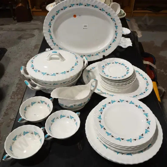 retro Royal Crown Derby "Claremont" pattern teal, silver and white table ware - 2 oval ashetts, 2 vegetable dishes (one