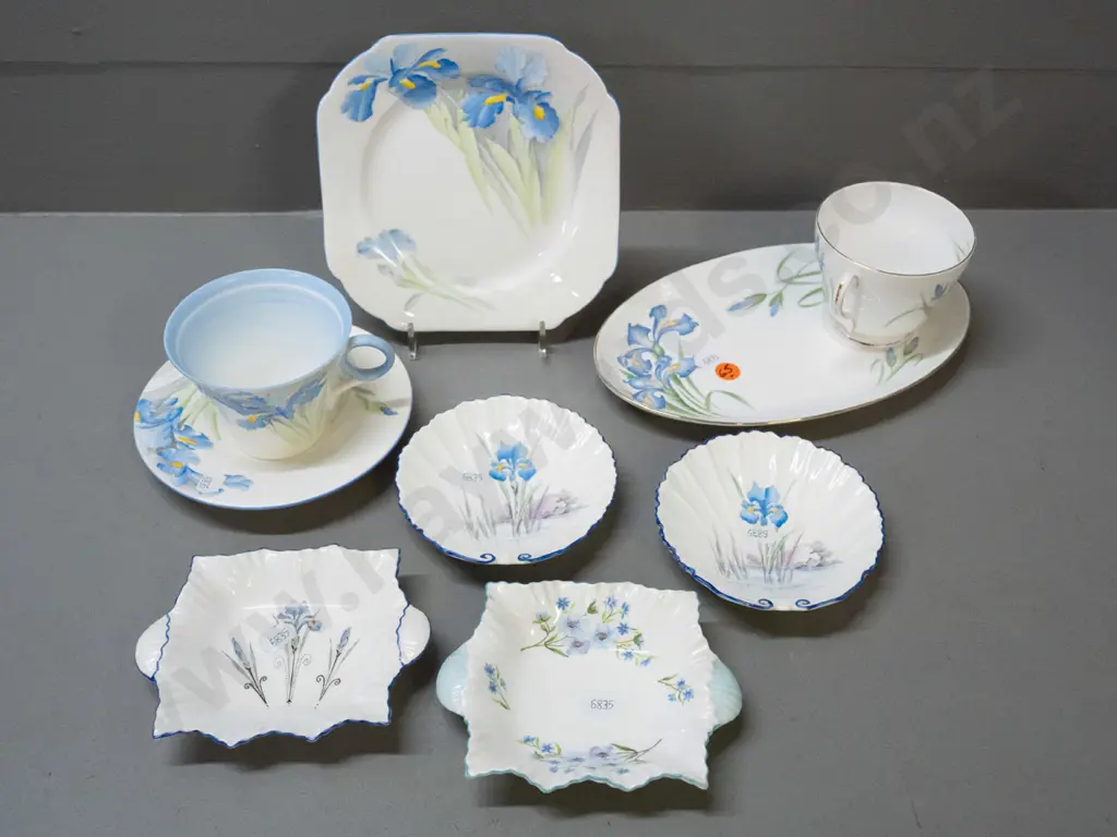 various Shelley floral items, including 3 pieces of Blue Iris - trio, tennis set, 4 small dishes. Image 1++
