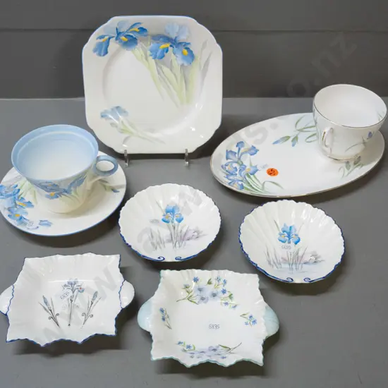 various Shelley floral items, including 3 pieces of Blue Iris - trio, tennis set, 4 small dishes.