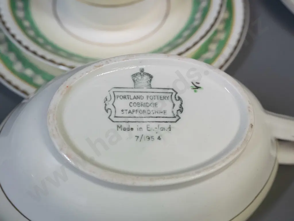 assorted vintage Portland Pottery Staffordshire table ware - 2 lidded vegetable dishes, sauce boat on plate and 6 trios Image 1++
