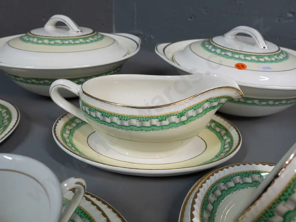 assorted vintage Portland Pottery Staffordshire table ware - 2 lidded vegetable dishes, sauce boat on plate and 6 trios Image 1++