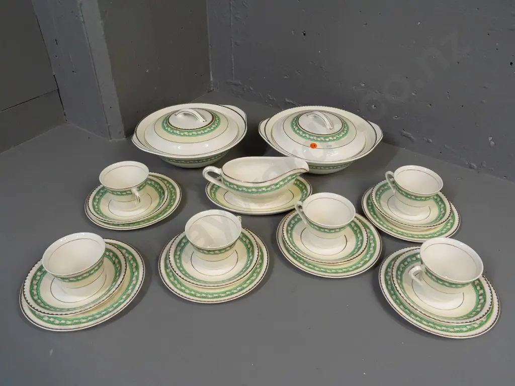 assorted vintage Portland Pottery Staffordshire table ware - 2 lidded vegetable dishes, sauce boat on plate and 6 trios Image 1++