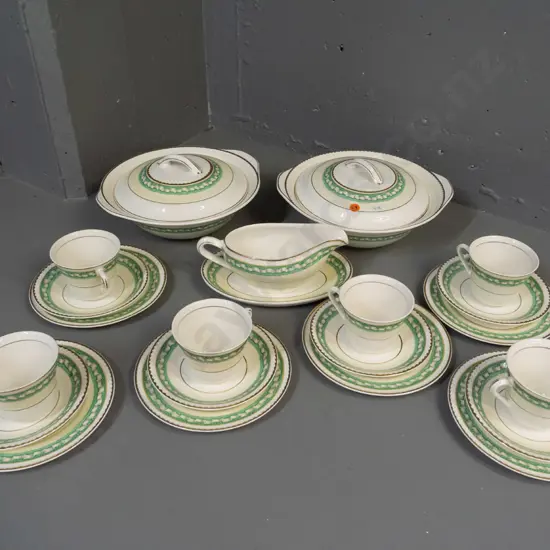 assorted vintage Portland Pottery Staffordshire table ware - 2 lidded vegetable dishes, sauce boat on plate and 6 trios