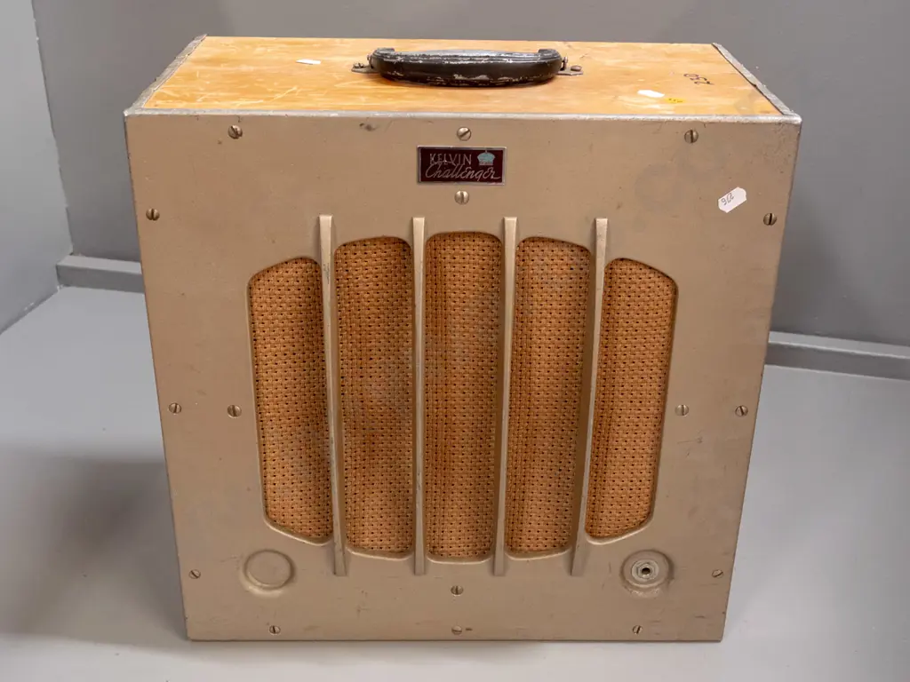 vintage speaker cabinet marked Kelvin Challenger - cast alloy grille over opening with woven textile, originally Image 1++