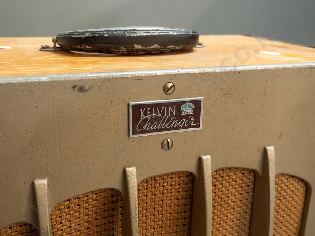 vintage speaker cabinet marked Kelvin Challenger - cast alloy grille over opening with woven textile, originally Image 1++