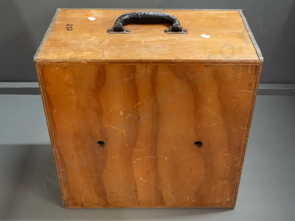 vintage speaker cabinet marked Kelvin Challenger - cast alloy grille over opening with woven textile, originally Image 1++