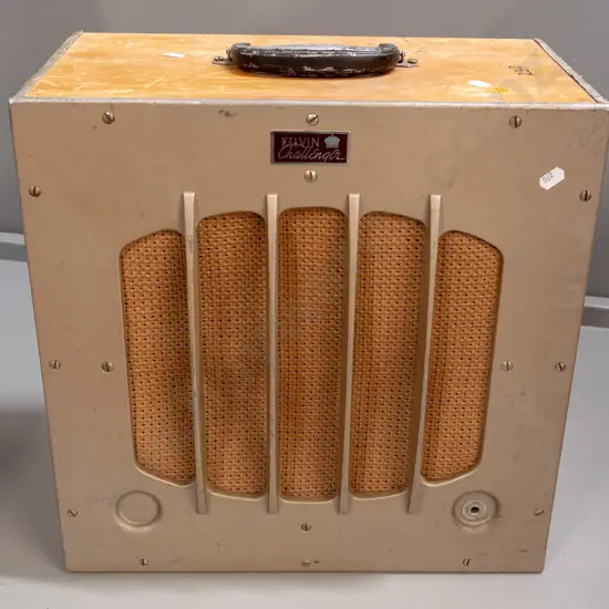 vintage speaker cabinet marked Kelvin Challenger - cast alloy grille over opening with woven textile, originally