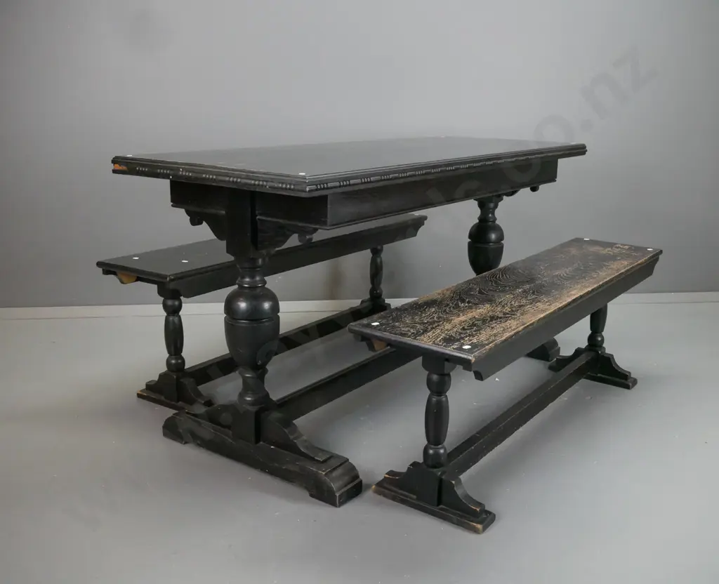 vintage ebonised oak refectory table with turned bolster supports, platform base with domed support rail and 2 matching Image 1++