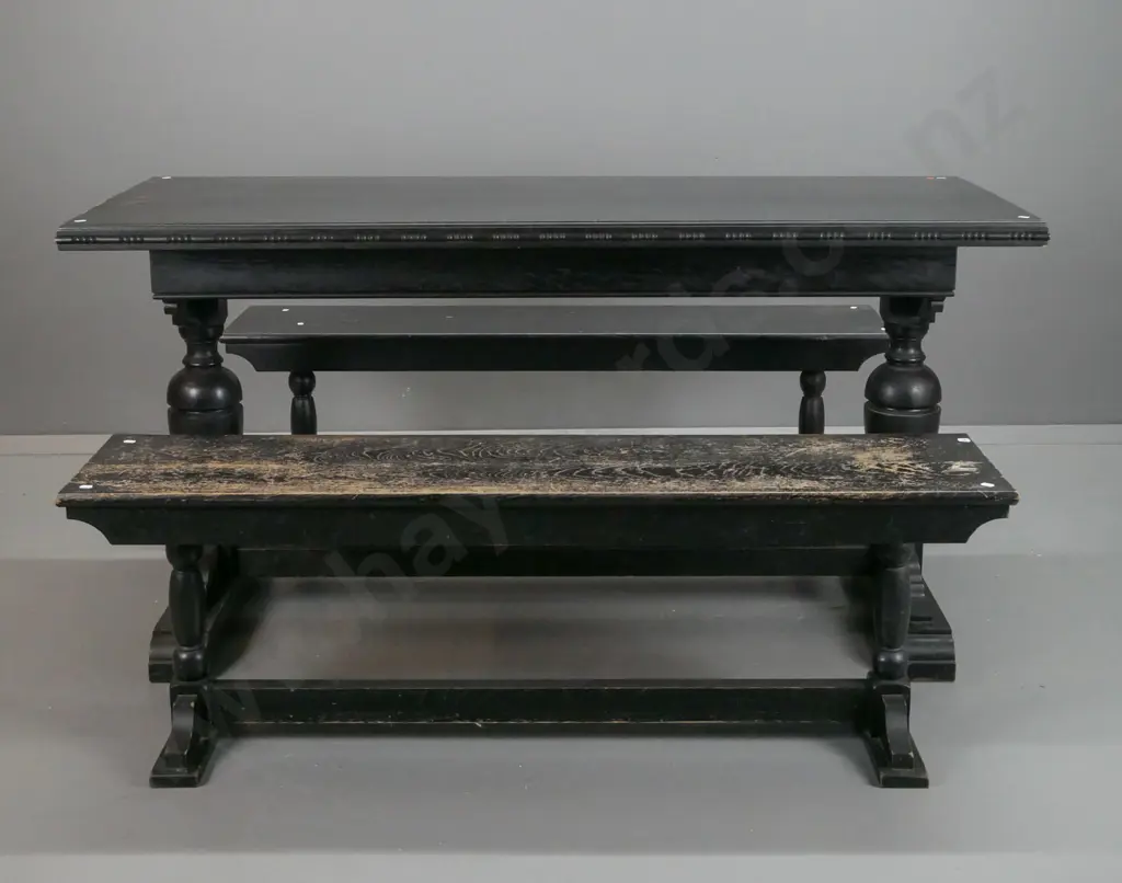 vintage ebonised oak refectory table with turned bolster supports, platform base with domed support rail and 2 matching Image 1++