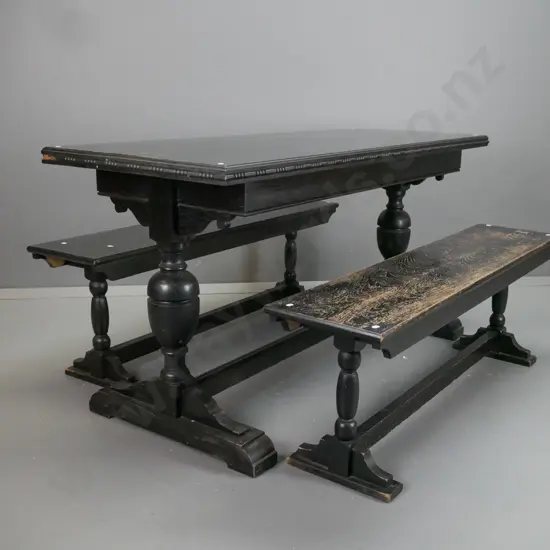 vintage ebonised oak refectory table with turned bolster supports, platform base with domed support rail and 2 matching