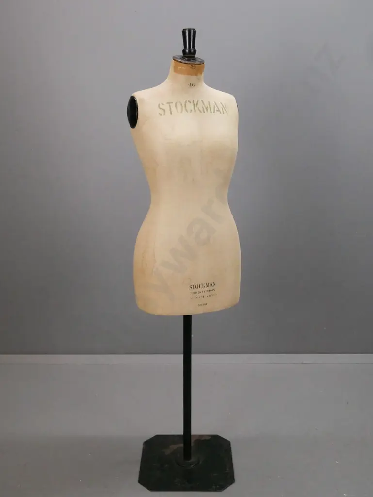 vintage dressmakers' female torso size 46, marked Stockman Paris London, on revolving black-painted metal stand, some Image 1++